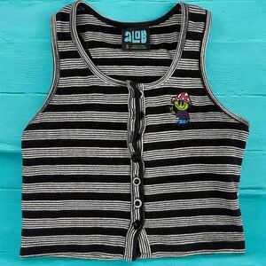 A.LAB Striped B&W Crop Tank Top Button Up Embroidered Alien Small